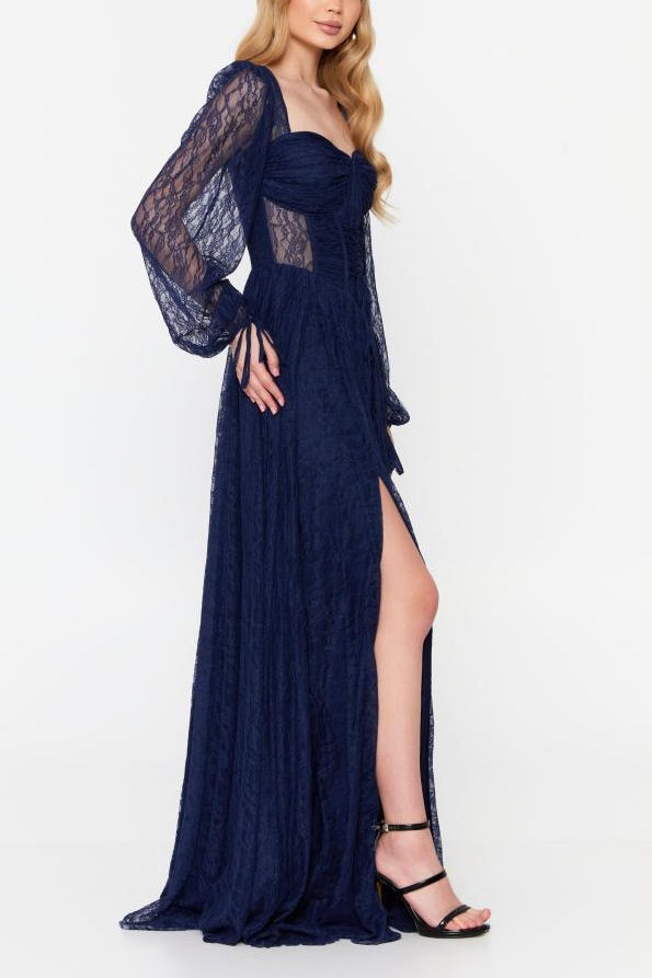 Lace Square Neck Ruched Puff Sleeve Slit Midi Dress