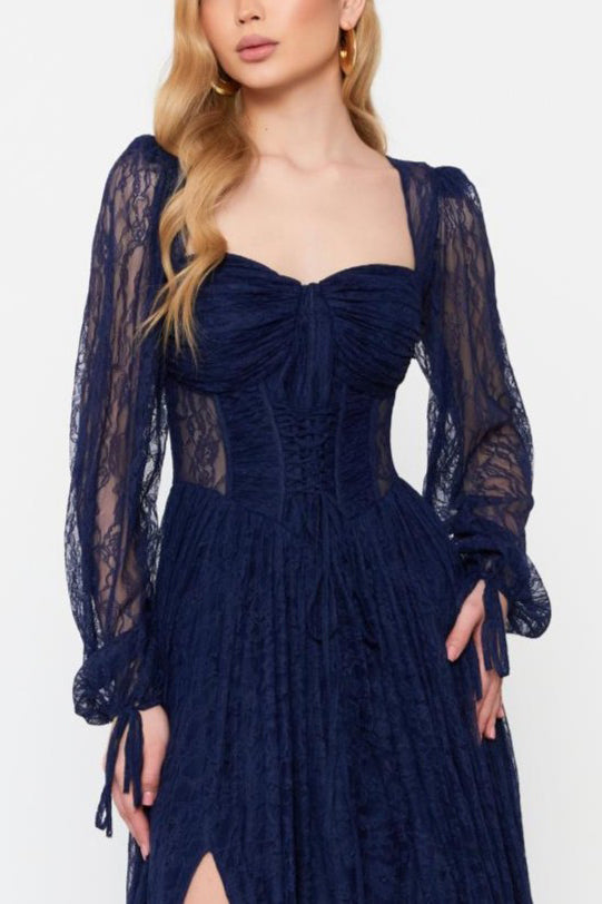 Lace Square Neck Ruched Puff Sleeve Slit Midi Dress