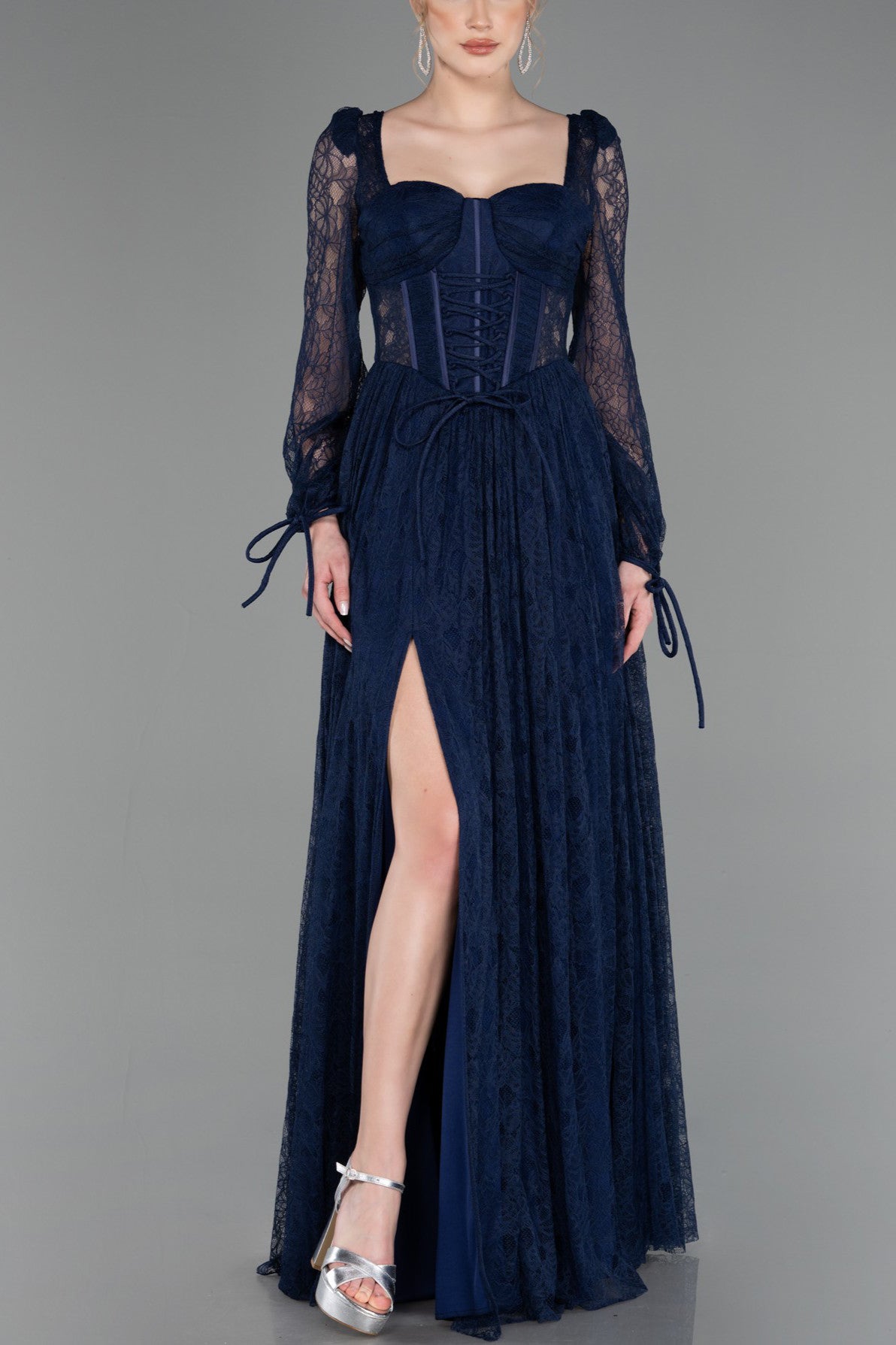Lace Square Neck Ruched Puff Sleeve Slit Midi Dress