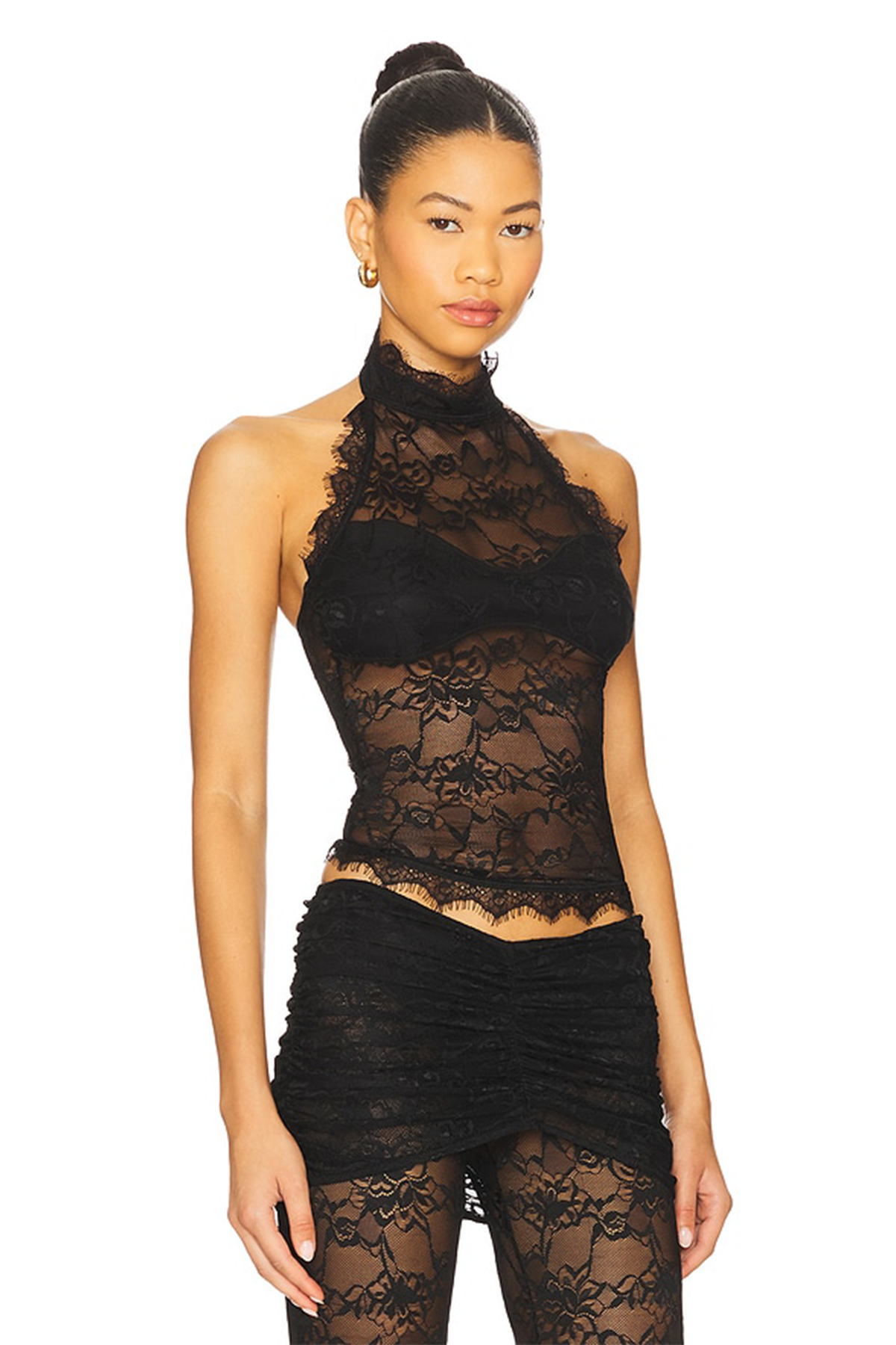 Lace See-Through Halter Neck Top & Gathering Pants Set