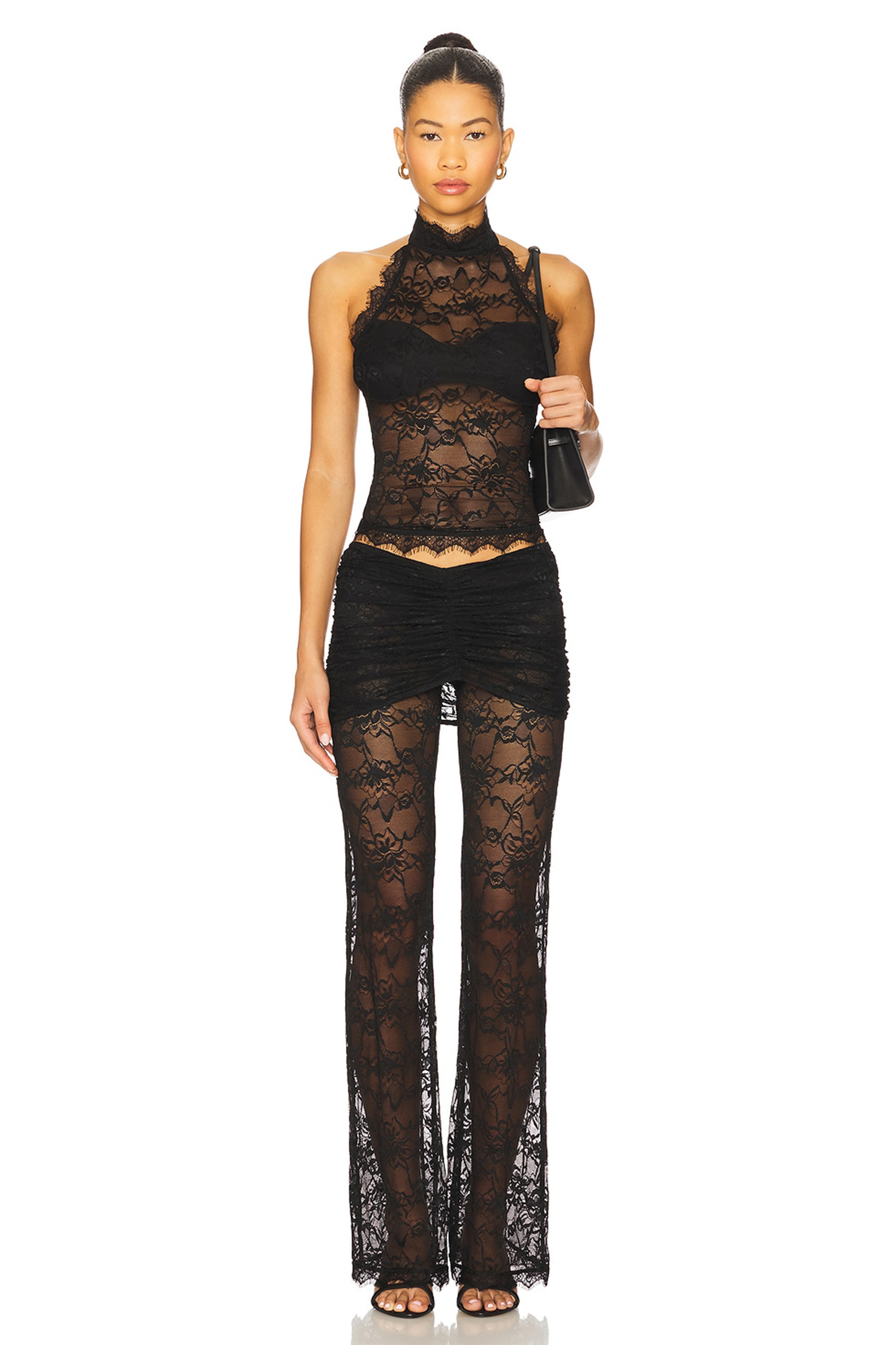 Lace See-Through Halter Neck Top & Gathering Pants Set