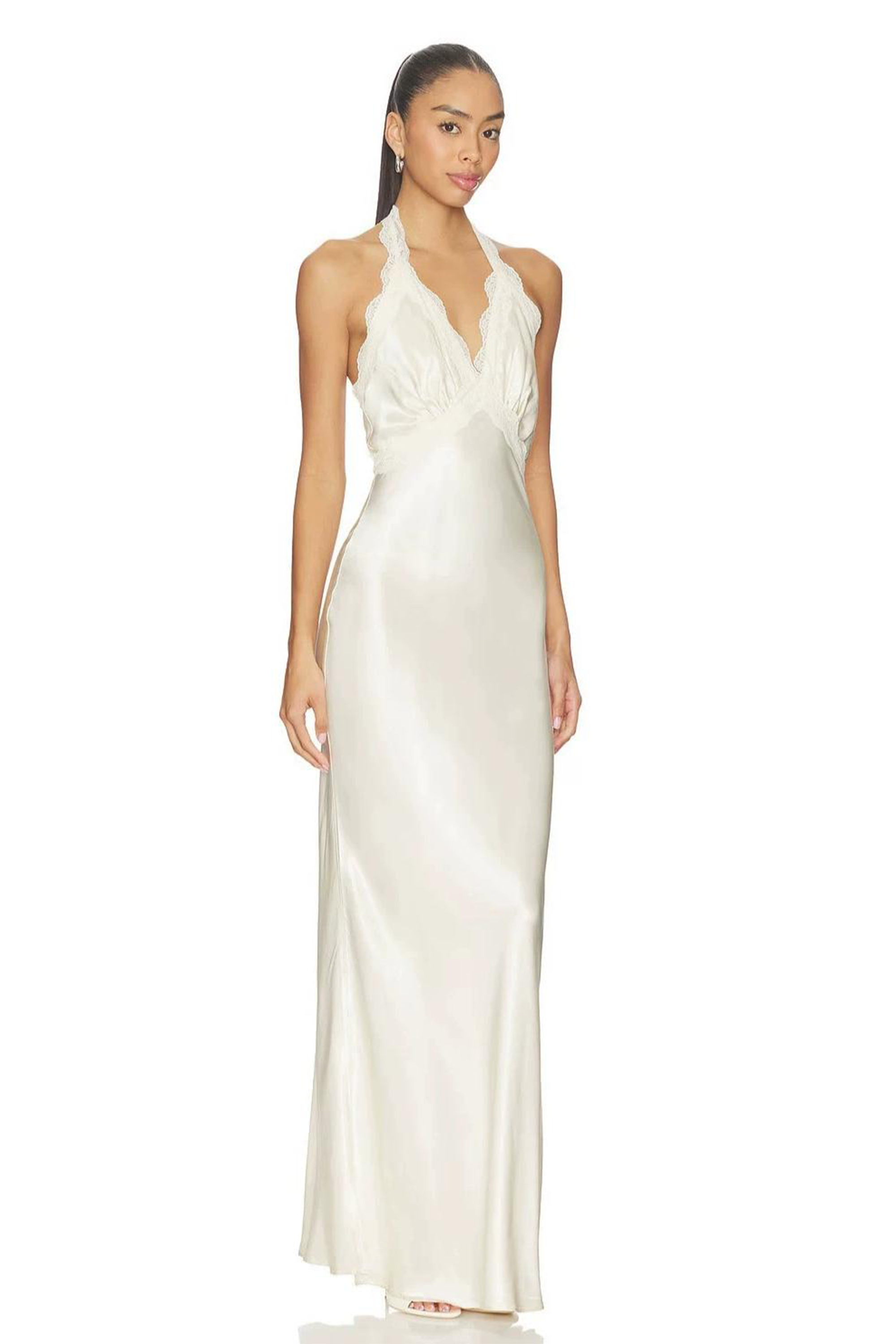 Satin Splicing Lace Halter Neck Maxi Dress