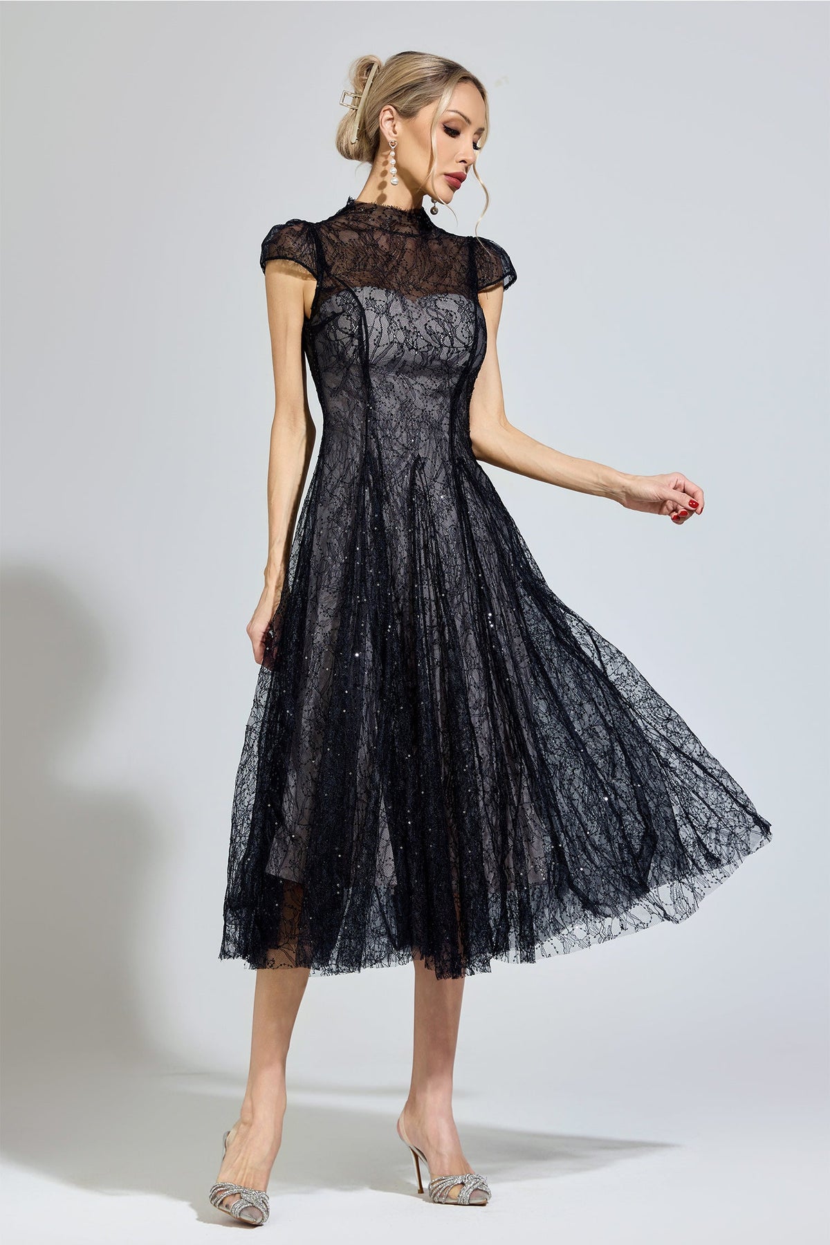 Hyzorin Black Lace Sequin Maxi Dress