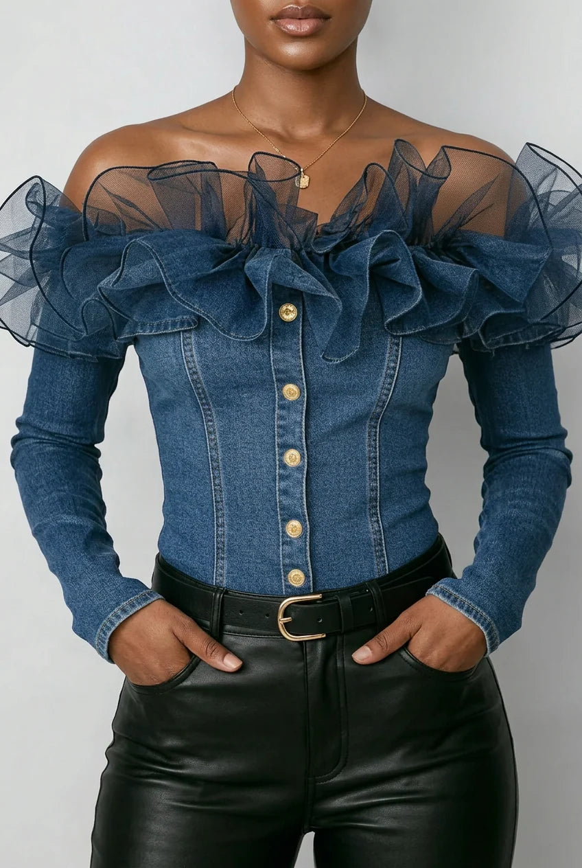 Denim Mesh Ruffled Off-the-Shoulder Women's Long Sleeve Button Front Jean Shirt