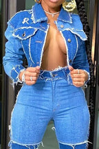 Denim Ripped Fringe Streetwear Long Sleeve Button Front Patchwork Jean Jacket