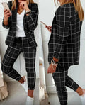 English Plaid Print Blazer Jacket +Matching Ankle Length Pants Women's Suit