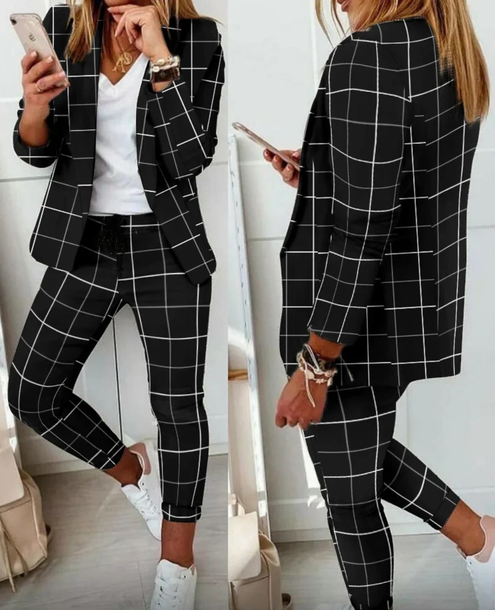 English Plaid Print Blazer Jacket +Matching Ankle Length Pants Women's Suit