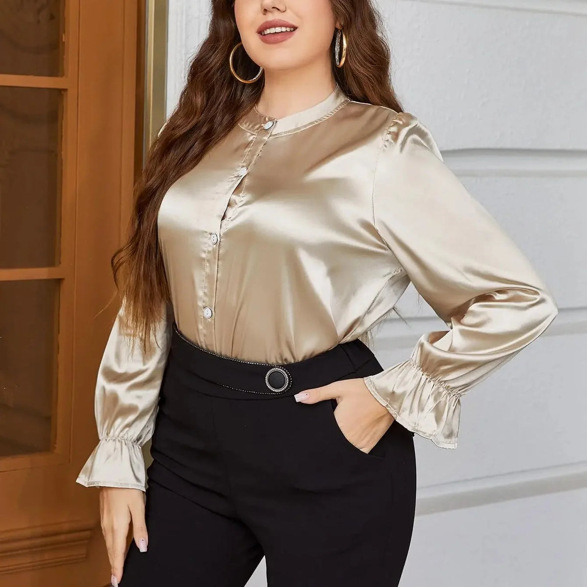 Aurellise – Plus Size Satin Button Blouse