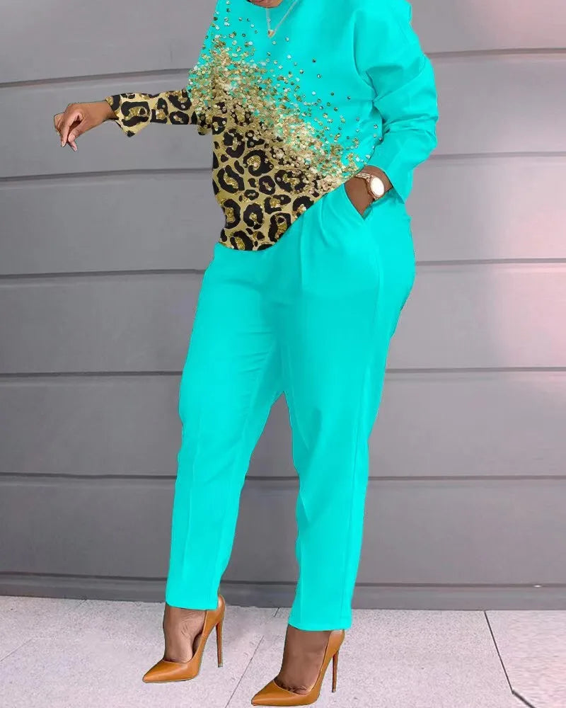 Geometric/Striped/Colorblock/Leopard Long Sleeve Women's Top + Matching Pants 2-Piece Set