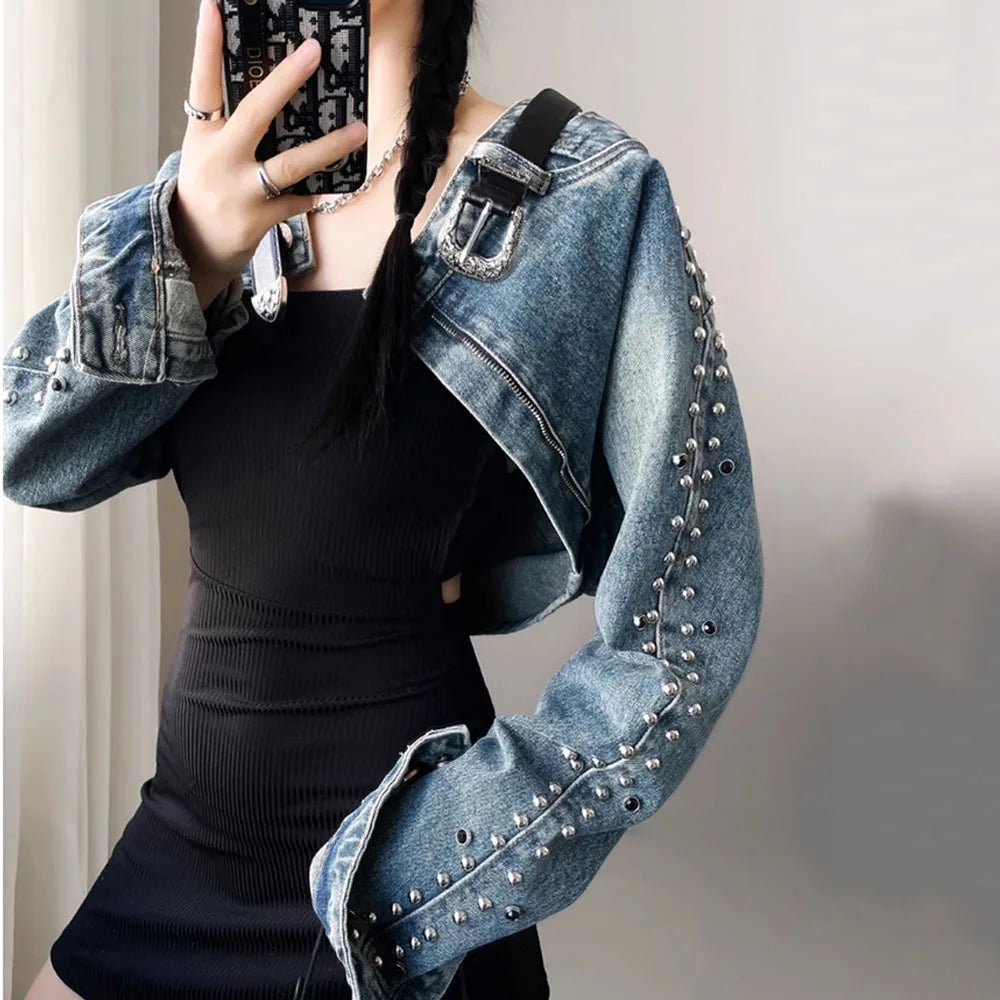 Denim Cropped Pearl Rivet Belt Vintage Women's Western Long Sleeve Cowgirl Rodeo Jean Jacket