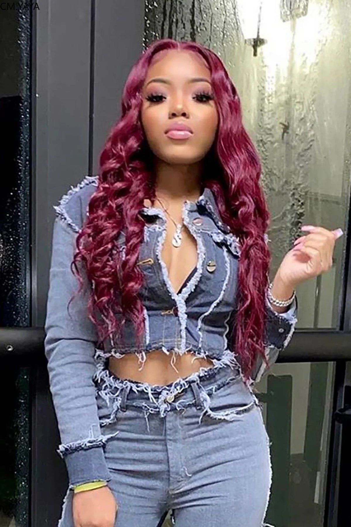 Denim Ripped Fringe Streetwear Long Sleeve Button Front Patchwork Jean Jacket