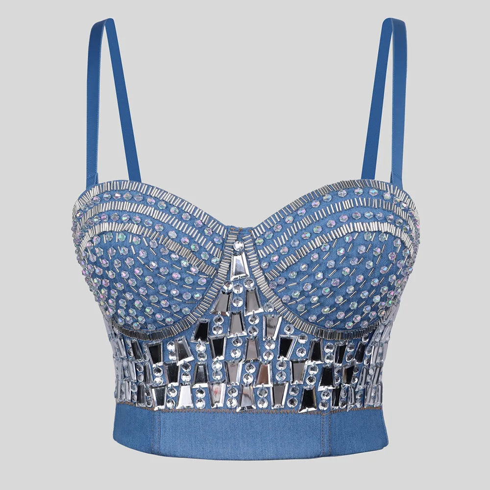 Denim Rhinestone/Diamond Tassel Fringe/Metallic Geometric/Floral Embellished Women's Hip-Hop Streetwear Bustier Corset Tops