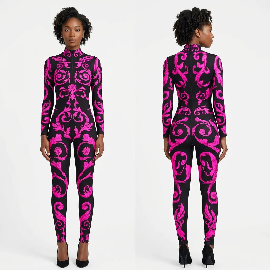 Designer Geometric Striped Print Skin Tight Long Sleeve Women's Stage Performance Jumpsuits