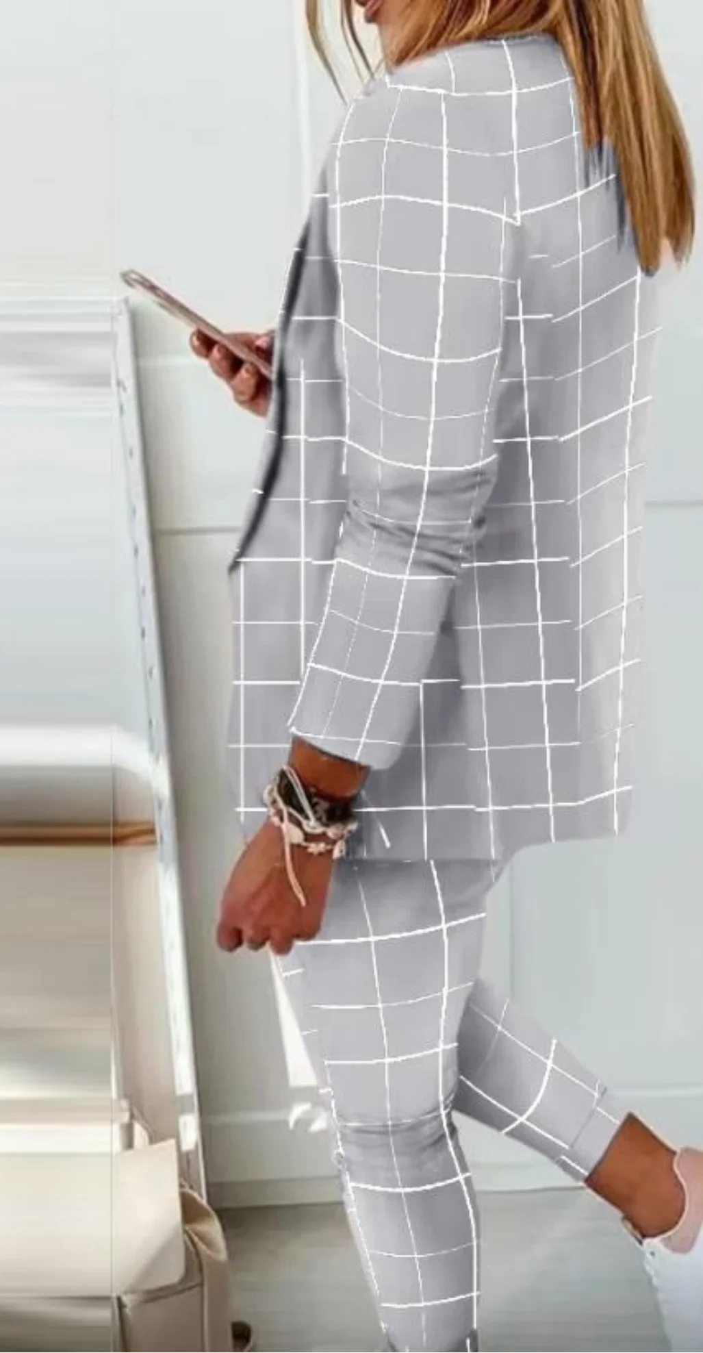 English Plaid Print Blazer Jacket +Matching Ankle Length Pants Women's Suit