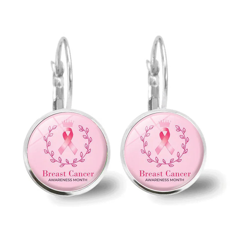 Glass Breast Cancer Awareness Ribbon Pendant Alloy Drop Earrings