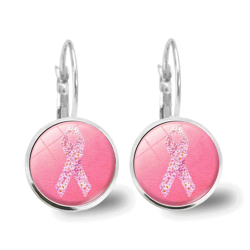 Glass Breast Cancer Awareness Ribbon Pendant Alloy Drop Earrings