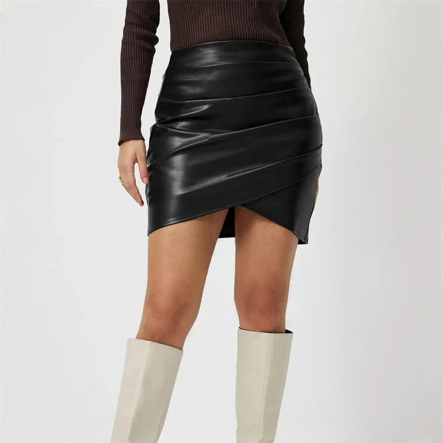 Velmira – Luxe Faux Leather Wrap Mini Skirt