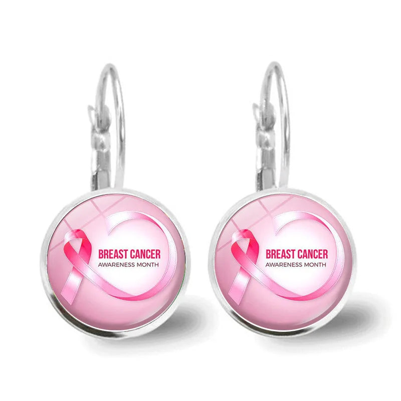 Glass Breast Cancer Awareness Ribbon Pendant Alloy Drop Earrings