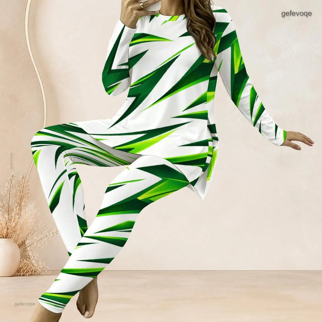 Tie-Dye/Floral/Geometric Striped Stripe Print O-Neck Long Sleeve Women's Longline Top + Fitted Long Pants 2-Piece Set