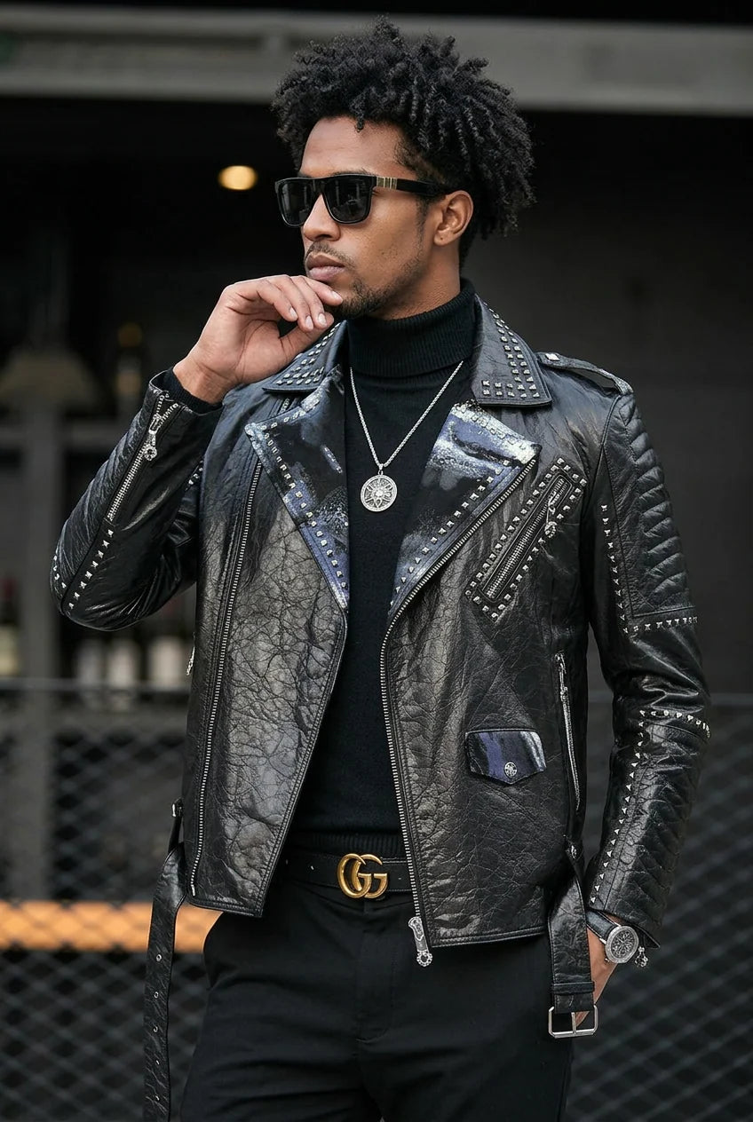 Men's Black Punk Hip-Hop 100% Cowhide Real Leather Rivet Back Airbrush Design Biker Jacket