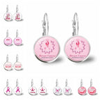 Glass Breast Cancer Awareness Ribbon Pendant Alloy Drop Earrings