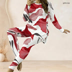 Tie-Dye/Floral/Geometric Striped Stripe Print O-Neck Long Sleeve Women's Longline Top + Fitted Long Pants 2-Piece Set