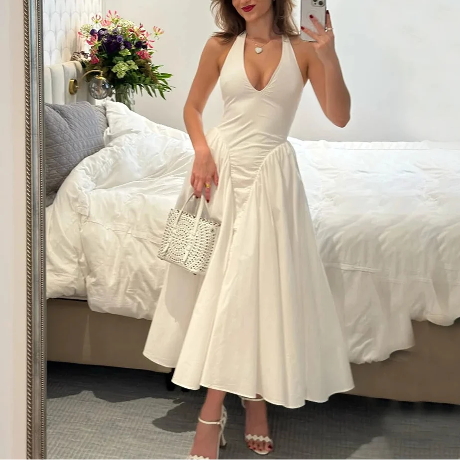 Liora - White Halter A-Line Midi Dress