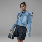 Vintage Denim Faded Washed Hollow-Out Shoulder Long Sleeve Turn-Down Collar Women's Jean Jacket