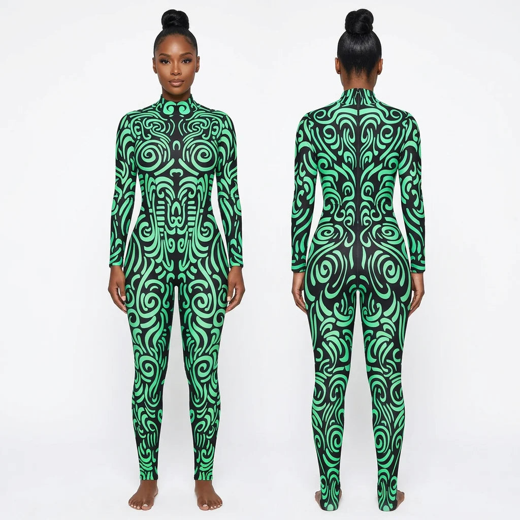 Designer Geometric Striped Print Skin Tight Long Sleeve Women's Stage Performance Jumpsuits
