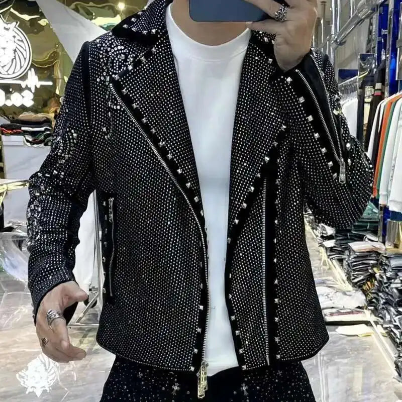 Men's Black PU Leather Rhinestone Hot Drill Design Turn-Down Collar Hip-Hop Biker Jacket