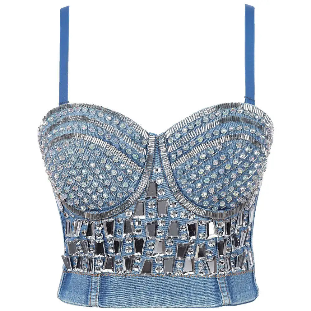 Denim Rhinestone/Diamond Tassel Fringe/Metallic Geometric/Floral Embellished Women's Hip-Hop Streetwear Bustier Corset Tops