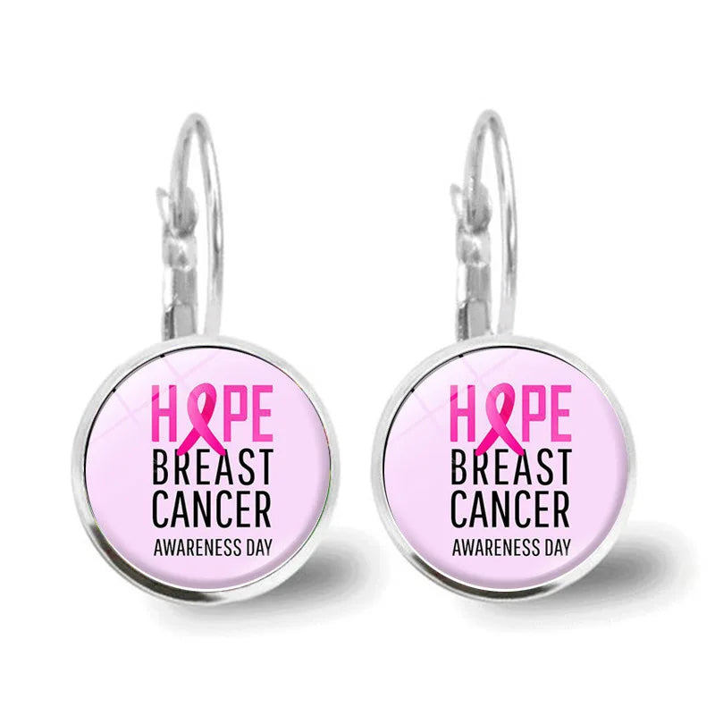Glass Breast Cancer Awareness Ribbon Pendant Alloy Drop Earrings