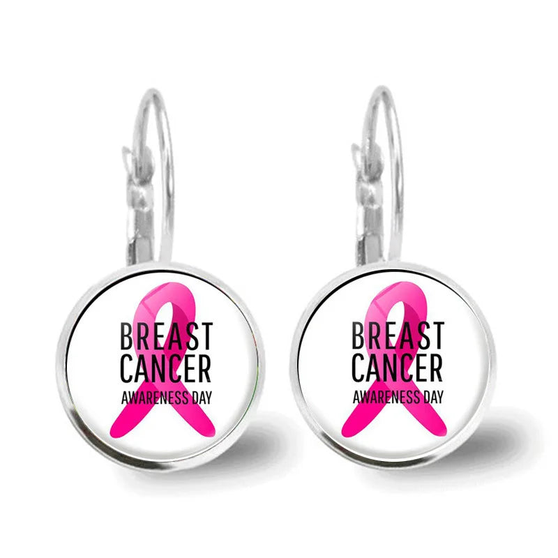 Glass Breast Cancer Awareness Ribbon Pendant Alloy Drop Earrings