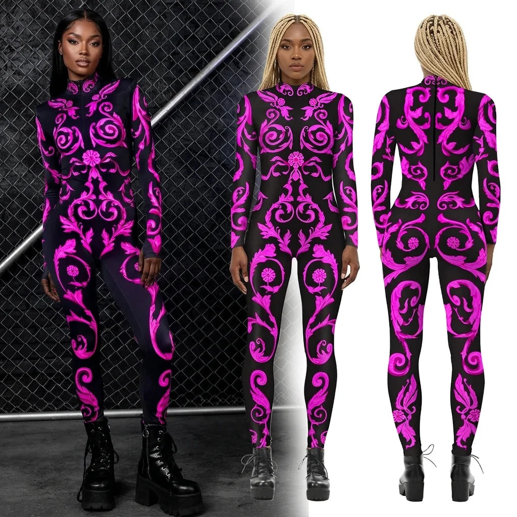Designer Geometric Striped Print Skin Tight Long Sleeve Women's Stage Performance Jumpsuits