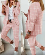 English Plaid Print Blazer Jacket +Matching Ankle Length Pants Women's Suit