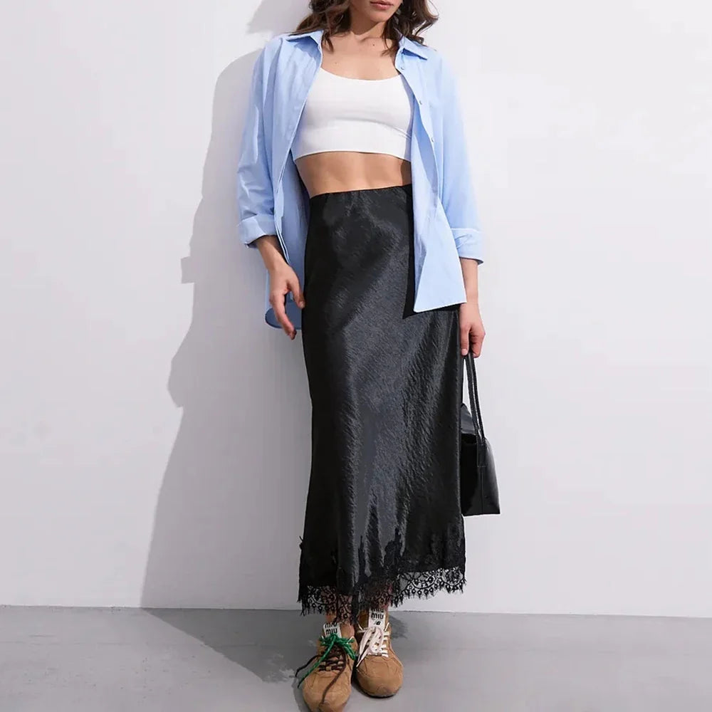 Solara - Satin Maxi Skirt with Lace Hem