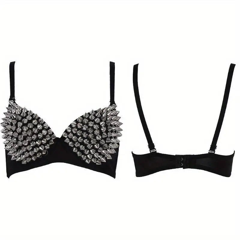Black Leather Silver Spiked Stud Steampunk Bra
