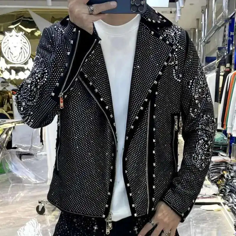 Men's Black PU Leather Rhinestone Hot Drill Design Turn-Down Collar Hip-Hop Biker Jacket