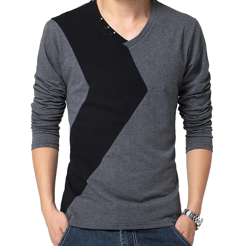 James - Men's Long Sleeve Color Block V Neck T Shirt