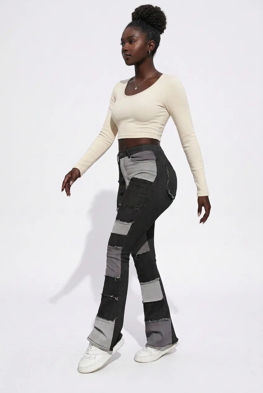 Denim Colorblock Checker Print Washed Women's Ankle Length Flared Bootcut Jeans to 3X Plus Size
