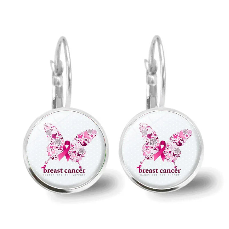 Glass Breast Cancer Awareness Ribbon Pendant Alloy Drop Earrings