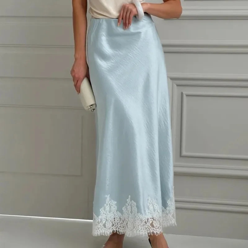 Solara - Satin Maxi Skirt with Lace Hem