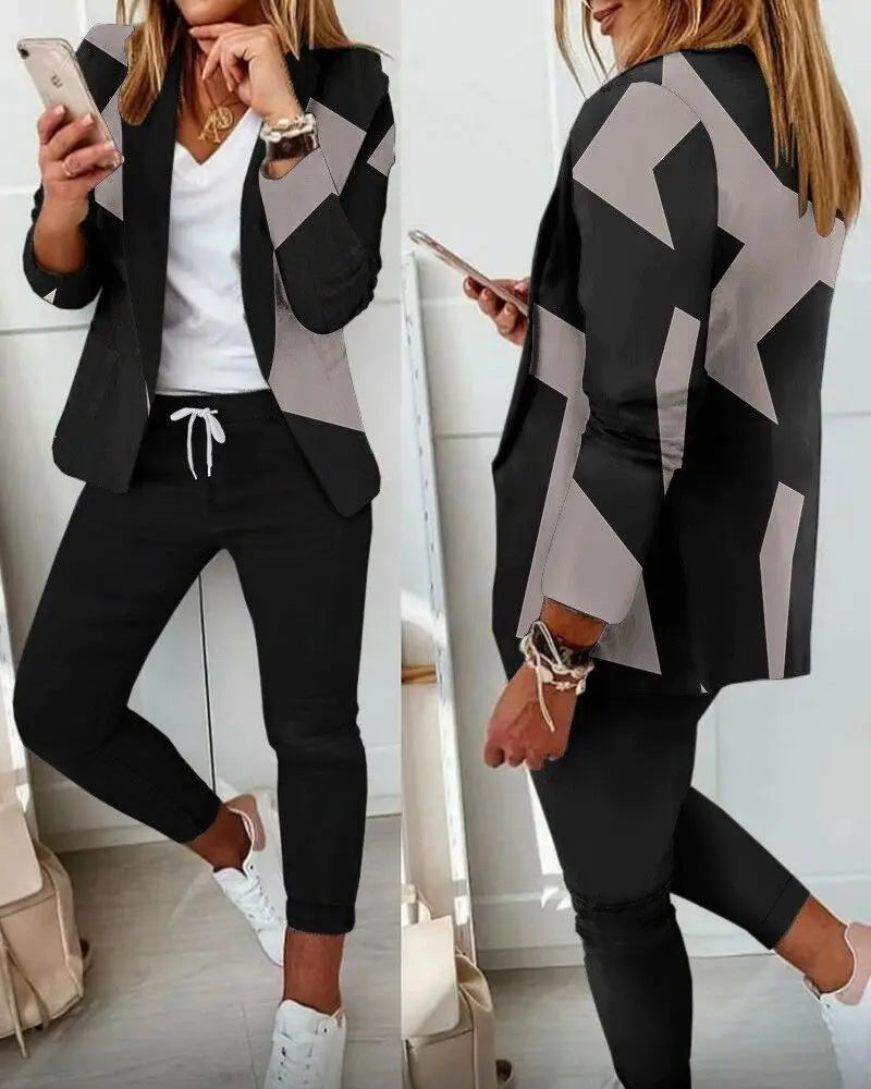 English Plaid Print Blazer Jacket +Matching Ankle Length Pants Women's Suit