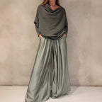 Satin Sleeveless Patchwork Long Sleeve Loose Women's Slash Neck Blouse Top + Wide Leg Pants 2-Piece Set