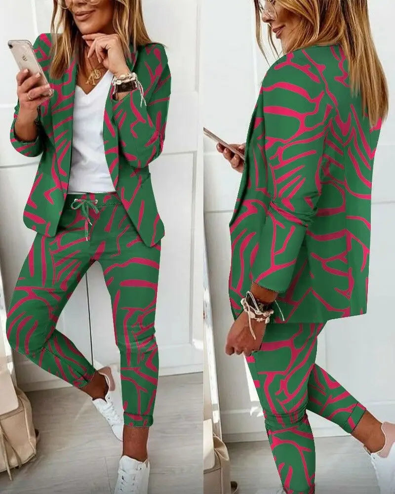 English Plaid Print Blazer Jacket +Matching Ankle Length Pants Women's Suit