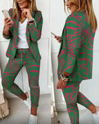 English Plaid Print Blazer Jacket +Matching Ankle Length Pants Women's Suit