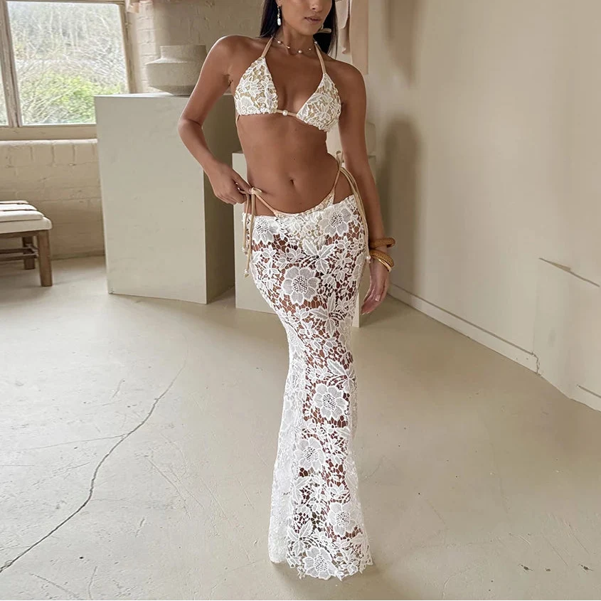 Aurelisse – Lace Trim 3 Piece Bikini & Cover Up Set