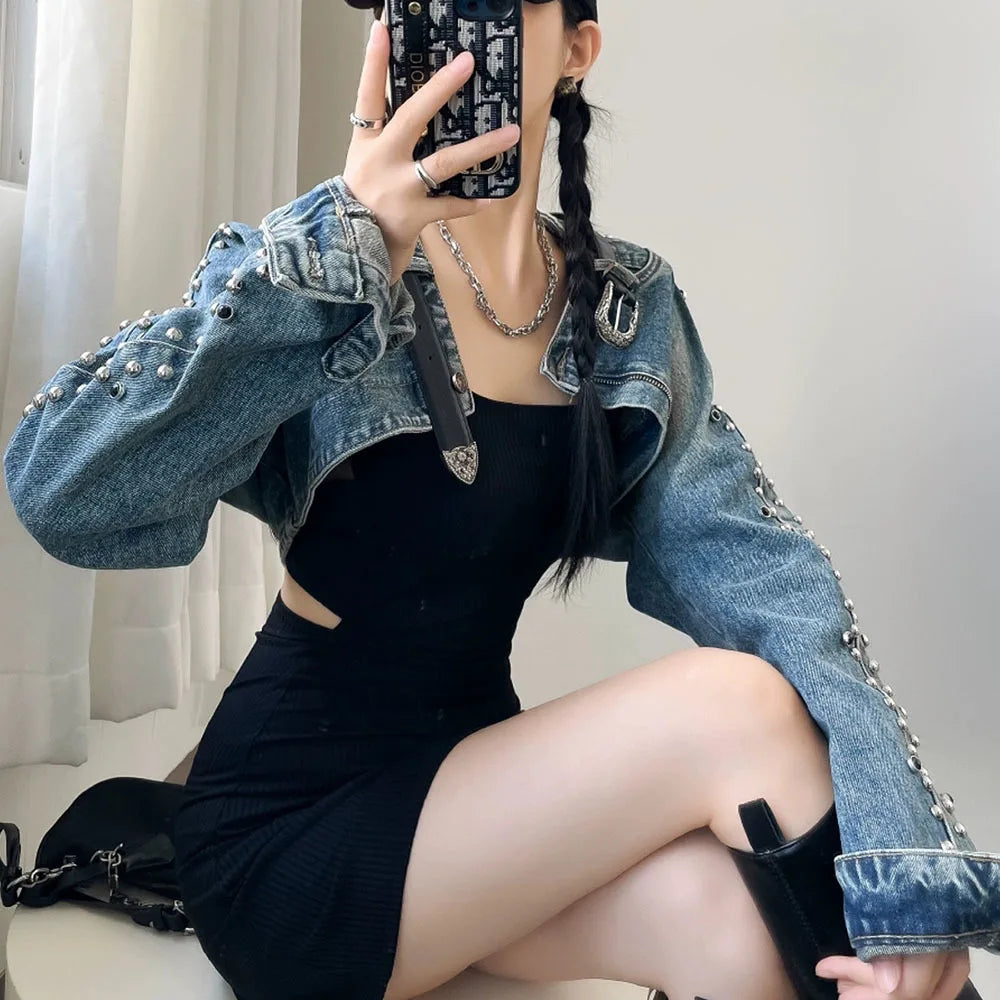 Denim Cropped Pearl Rivet Belt Vintage Women's Western Long Sleeve Cowgirl Rodeo Jean Jacket