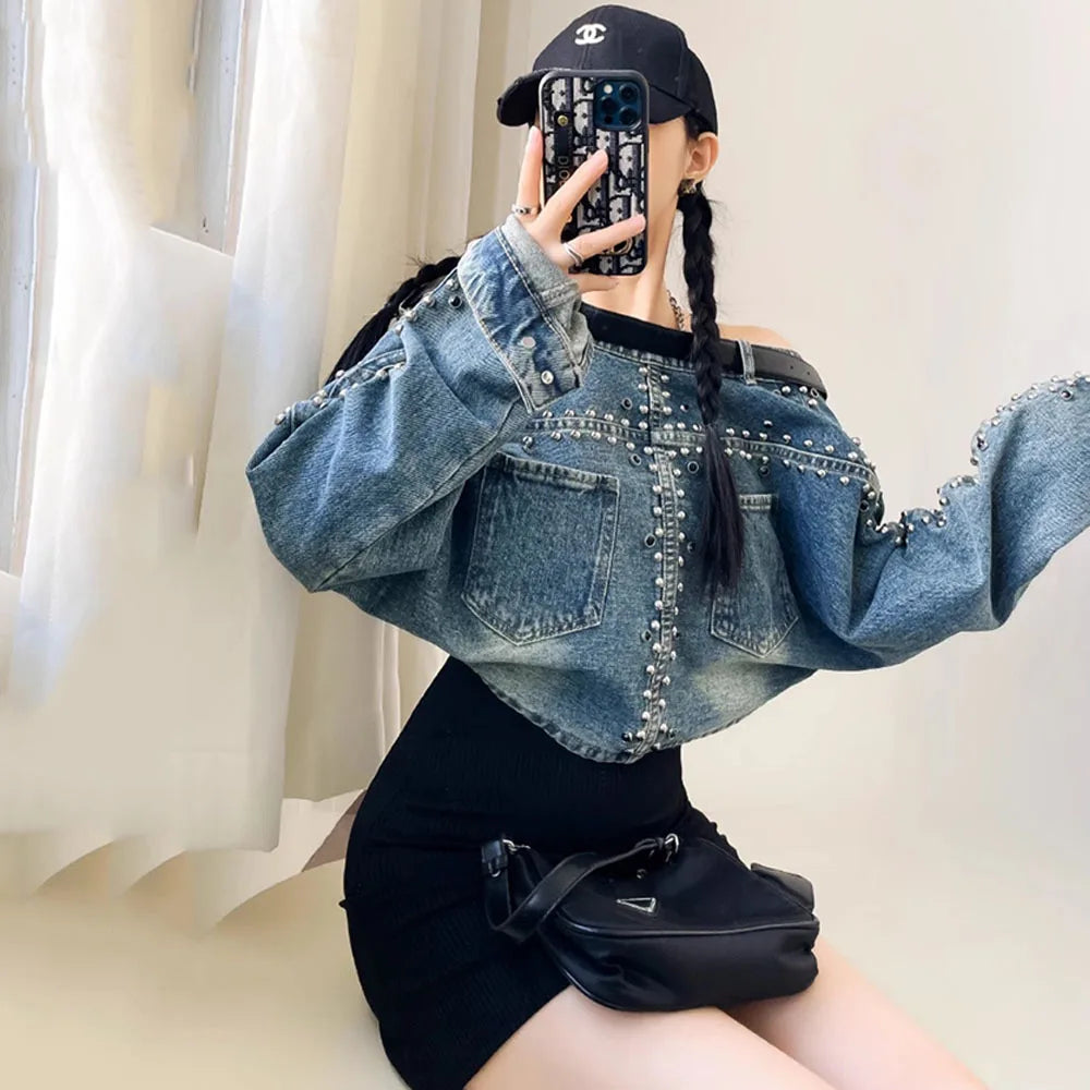 Denim Cropped Pearl Rivet Belt Vintage Women's Western Long Sleeve Cowgirl Rodeo Jean Jacket