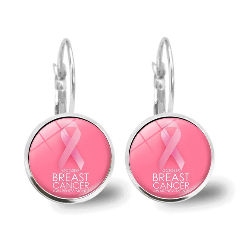 Glass Breast Cancer Awareness Ribbon Pendant Alloy Drop Earrings